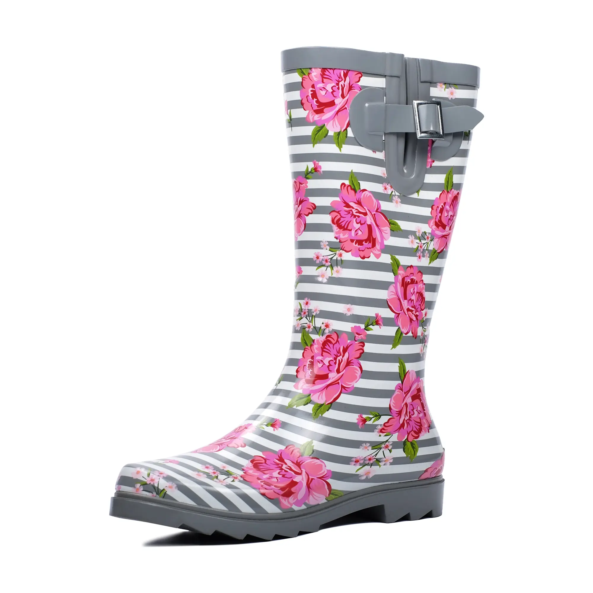 Landchief Women's Floral Cloth-Lined Cuban Knee-High Waterproof Rubber Rain Boots - Anti-Slip Mid-Heel, Striped Design, Fabric Upper, for Rainy Days & All Seasons Outdoor Garden Use, Foot Wear, Garden To Rain