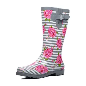 Landchief Women's Floral Rain Boots Waterproof Tall Knee High Rubber Boots Comfortable Garden Anti-Slip Mid Heel Outdoor Shoes with Striped Design