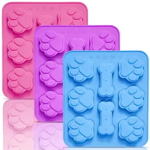 3 Pack Silicone Molds with Puppy Dog Paw and Bone Shaped,2 in 1 Reusable Non-Stick Ice Cube Trays & Flexible Candy Chocolate Molds for Homemade Dog Treats,Pudding,Jelly&Baking Biscuits,Hand Tools Kits