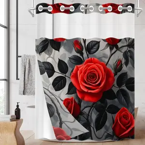 1pc 2D Flat Printing hookless shower curtain hanger liner Red Roses with Black Leaves Painting Fabric waterproof lining shower curtain with transparent window, double-layer shower curtain, 71 x 74 inches, modern home curtain decoration