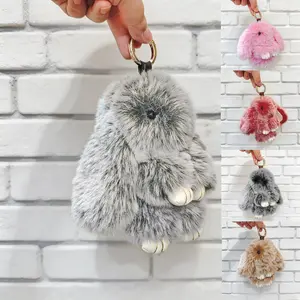 Cute Plush Bunny Bag Charm Keychain, Kawaii Aesthetic Animal Face Pom Pom Key Ring for Women & Girls, Fashion Accessory for Backpacks, Animal Face Keychains
