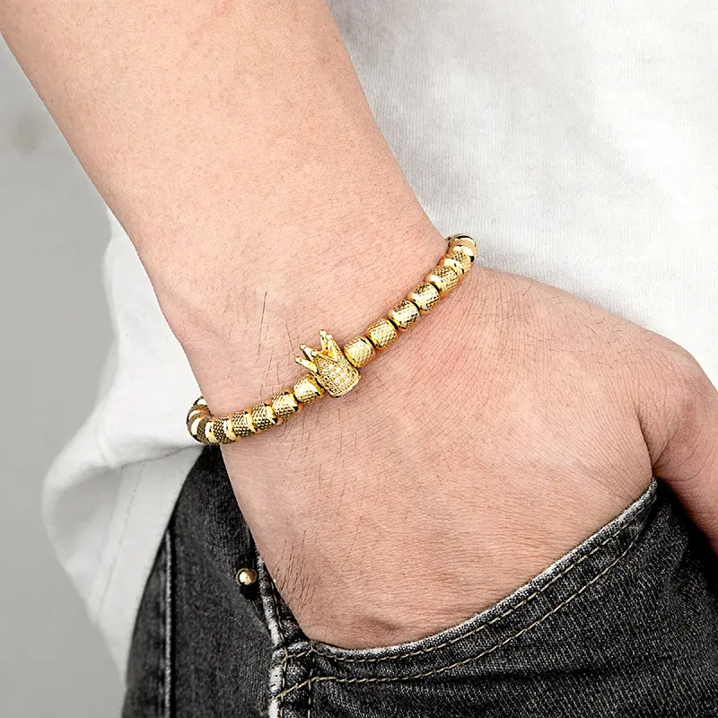 Luxury Micro Pave CZ Crown Royal Charm Men Bracelets Stainless Steel Crystals Bangles Couple Handmade Jewelry Gift