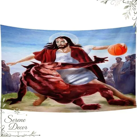 Bright Light All-Over Print Peach Velvet Jesus Basketball Tapestry Flag (3x5ft, Heavy-Duty 150D Polyester) - Unique Cool Room Inspo Decor, College Dorm Wall Art, Indoor-Outdoor Home Supply
