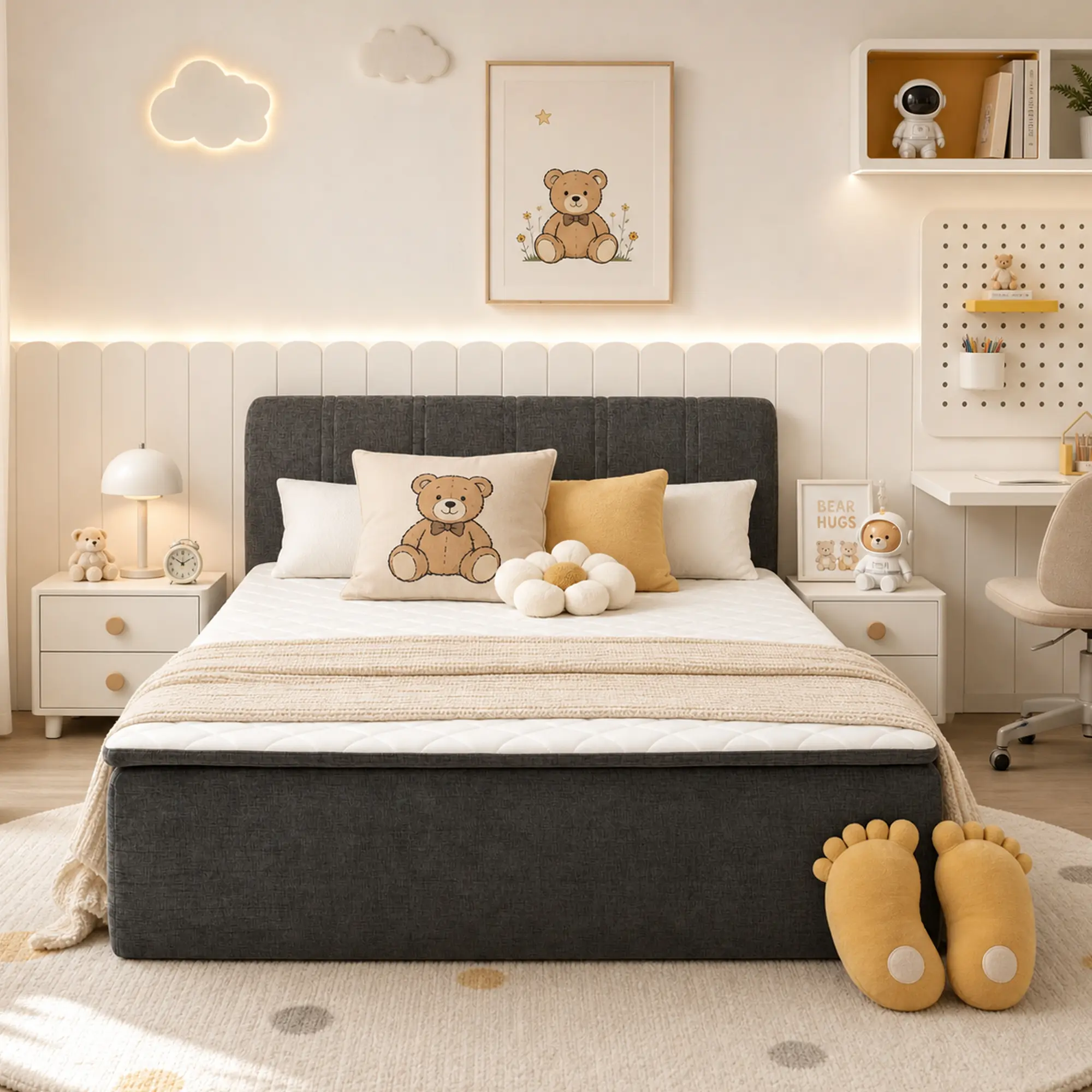 ALTRIGUS Boneless Bed Chenille Fabric,Frame with Mattress and Detachable Headboard All-in-One Compression Bed Set No Assembly Required Automatic Rebound Ideal for Bedrooms and Children's Room,Queen Full Twin