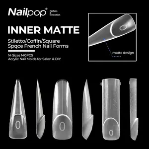 140PCS Inner Matte Nail Forms, 14 Sizes Clear Acrylic Nail Tips with French Guide Line, Anti-slip Anti-overflow Nail Extension Molds for Stiletto/Coffin/Square Nail Art, Professional Salon & DIY Manicure Tools