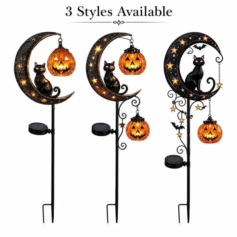 Solar Halloween Stake Light Black Cat Pumpkin Moon Garden | Waterproof Outdoor LED, Crescent Moon Design, Jack-o'-Lantern Lantern, Yard & Walkway Decor, Solar Powered