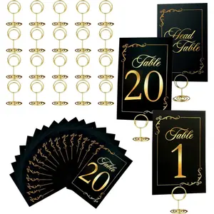 Black Gold Wedding Table Numbers 1-20 With 21 Gold Holders - Set of 21 Table Cards for Wedding Reception