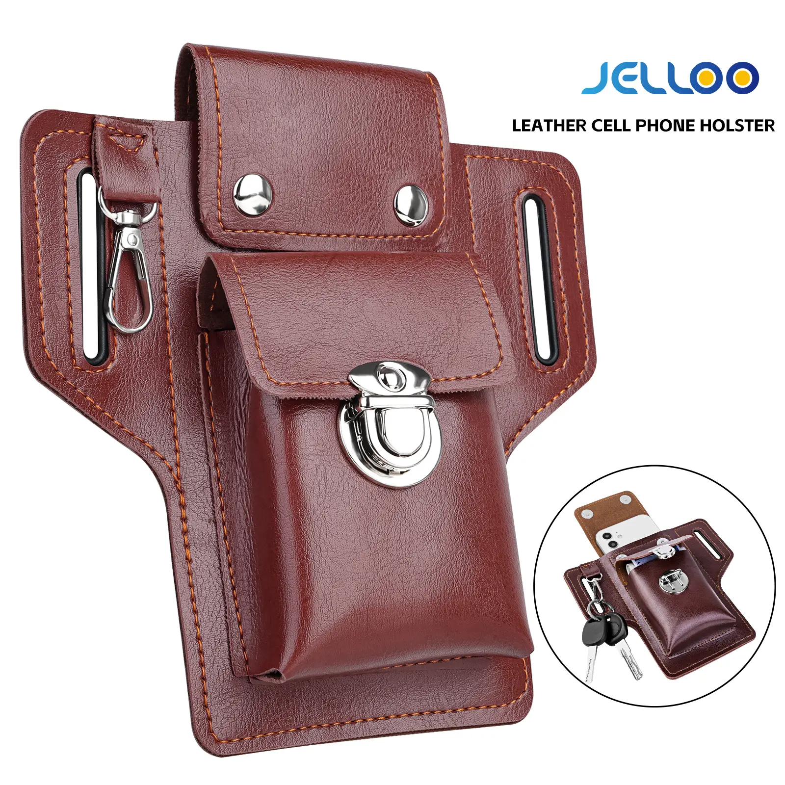 JELLOO Classical Durable Leather Phone Holster - Lightweight Comfortable Belt Bag for Men, Compatible with iPhone 17-12 & Pro, Galaxy S25-S21, with Built-in Key Fob, Keychain Clip, Multitool Universal Pouch
