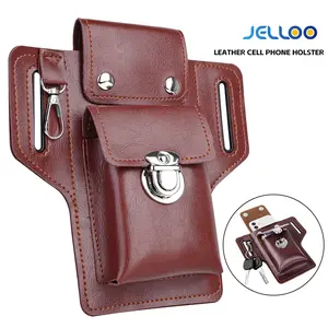 JELLOO Durable Leather Holster Compatible with iPhone 17 16 15 14 13 12 & Pro Models, Galaxy S25, S24, S23, S22,S21, Cell Phone Belt Holder for Men with Keychain Clip Phone Holster Belt Case Multitool Pouch Case Universal Pouch for Smartphones