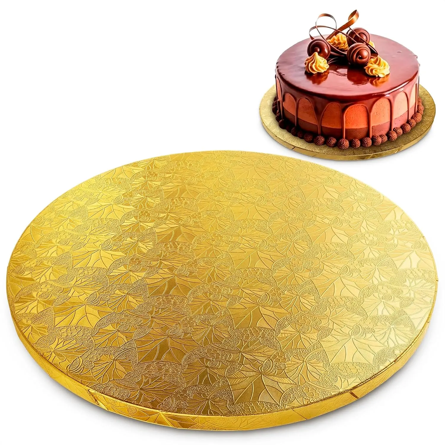 14 Inch Cake Drum, Gold Cake Board for Picture-Ready Celebration Cakes, 1/2 Inch Thick Round Cardboard Base with Grease & Moisture Resistant Surface and Decorative Pattern for Parties and Weddings