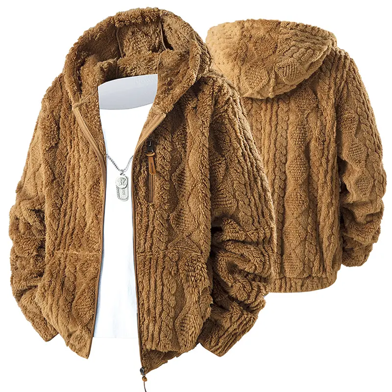 Men Sherpa Teddy Fleece Hooded Jacket, Brown Cable Twist Embossed Textured Plush Coat Full Zip Drawstring Hem Side Pockets Oversized Boxy Loose Warm Winter Streetwear Loungewear Outerwear