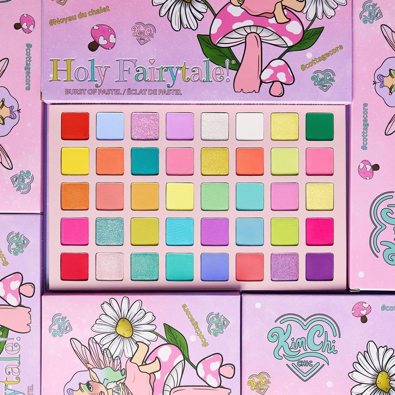 KimChi Chic Beauty Holy Fairy Tale Eyeshadow Palette - 40 Pressed Pigments, Pastel & Rainbow Bright Color Shades, Cosmetic Makeup Glitter Glow