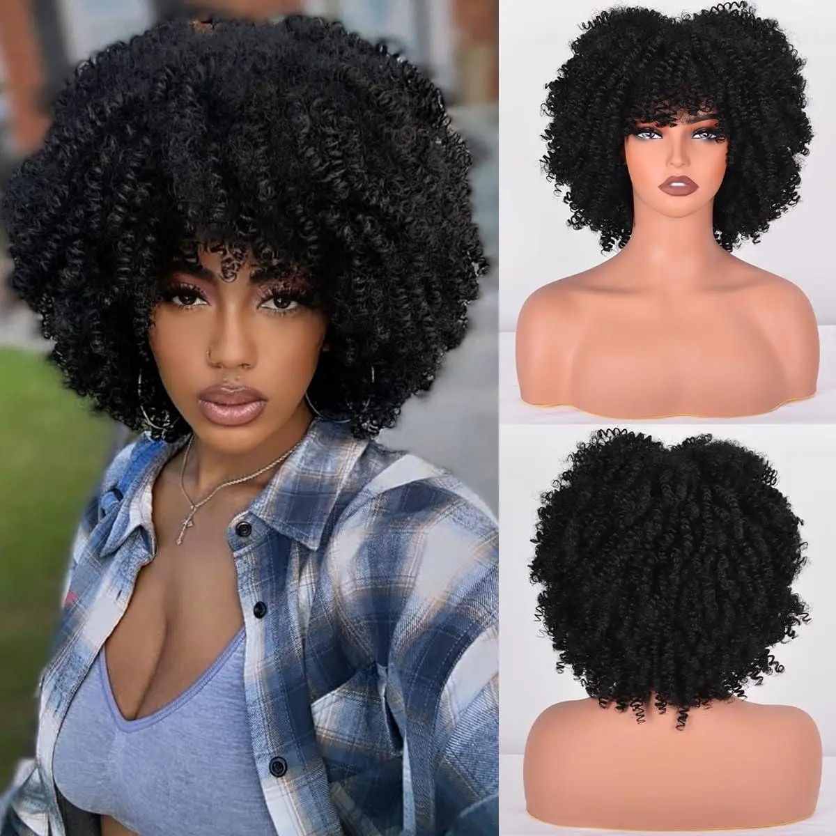 Afro Wigs for Black Women 10 Inches 230g/Piece Heat Resistant Machine Made Synthetic Short Kinky Curly Hair Wig with Bangs for 70s Party (Black) Pre Styled Wig Scalp Effect Wig backtoschool