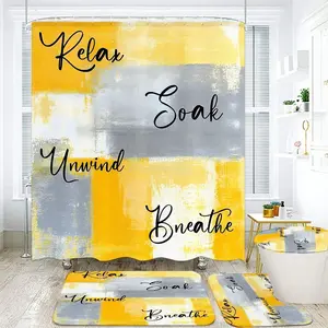 1/4pcs Modern Farmhouse Bathroom Decor Set - Abstract Watercolor Shower Curtain with "Relax, Soak, Unwind, Breathe" Black Script, Matching Contour Toilet Lid Cover, Bath Mat & U-Shaped Mat for Cozy and Inviting Holiday Retreat Shower Curtain Sets