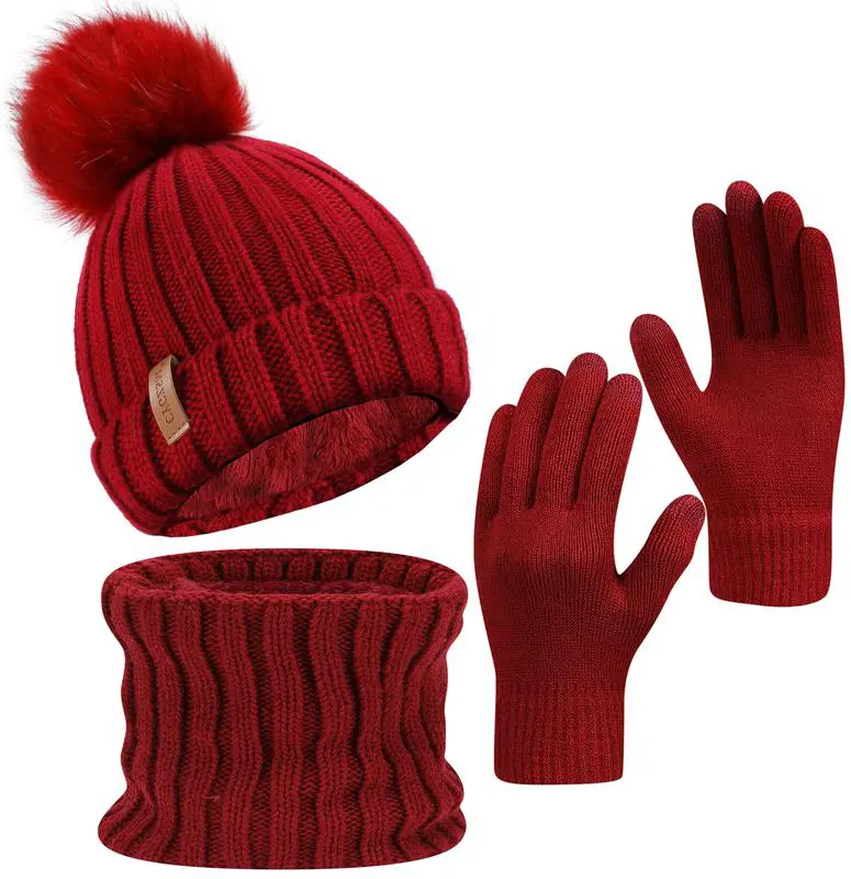 Winter Beanie Hat Scarf and Gloves Set for Men & Women, 3-Pc Warm Fleece Lined Knit Set, Touchscreen Gloves & Double-Layered Brim Hat, Cold Weather Essentials for Outdoor & Gifting