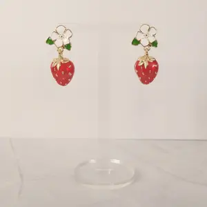 #559 Strawberry with White Flower Stud Earrings, Casual Spring Jewelry, Summer, Fruit, Food, Daily, Zinc Alloy