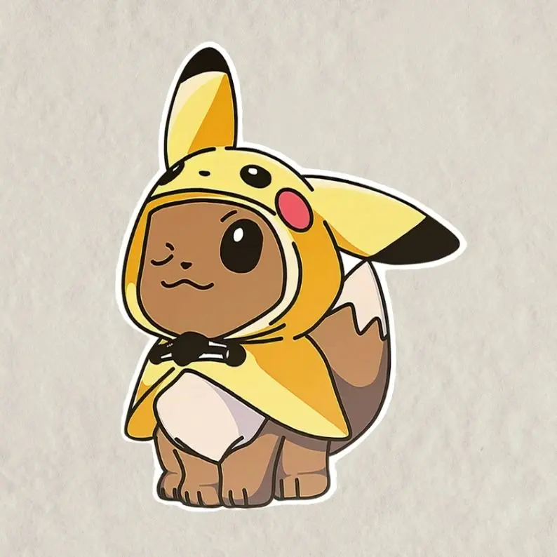 Eevee in Pikachu Cape Waterproof Vinyl Sticker | Waterproof Vinyl Decal for Laptop, Water Bottle, Car, Gamer Gift
