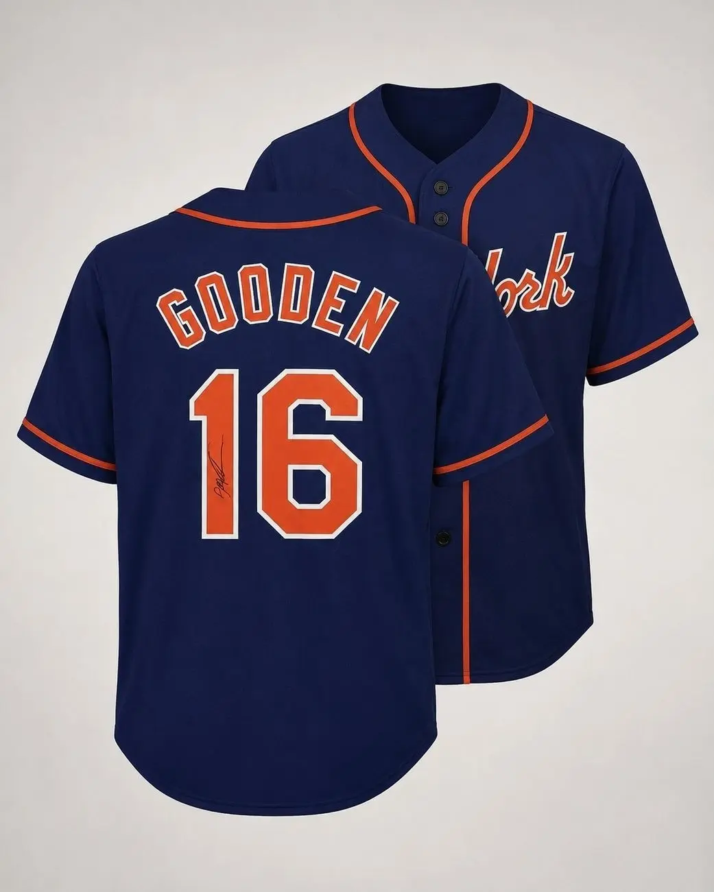 All-over Print Baseball Jersey Without Piping, Navy Blue Orange Gooden #16 Facsimile Autographed Sports Fan Baseball Uniform 3