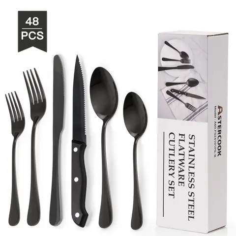 Astercook 24pcs/set Multi-Size Stainless Steel Cutlery Set with Steak Knives, Spoon-Fork-Knife Utensils, Dishwasher-Safe Dinnerware for Above 11 People, Everyday Kitchen Dishware for Modern Home & Restaurant Use