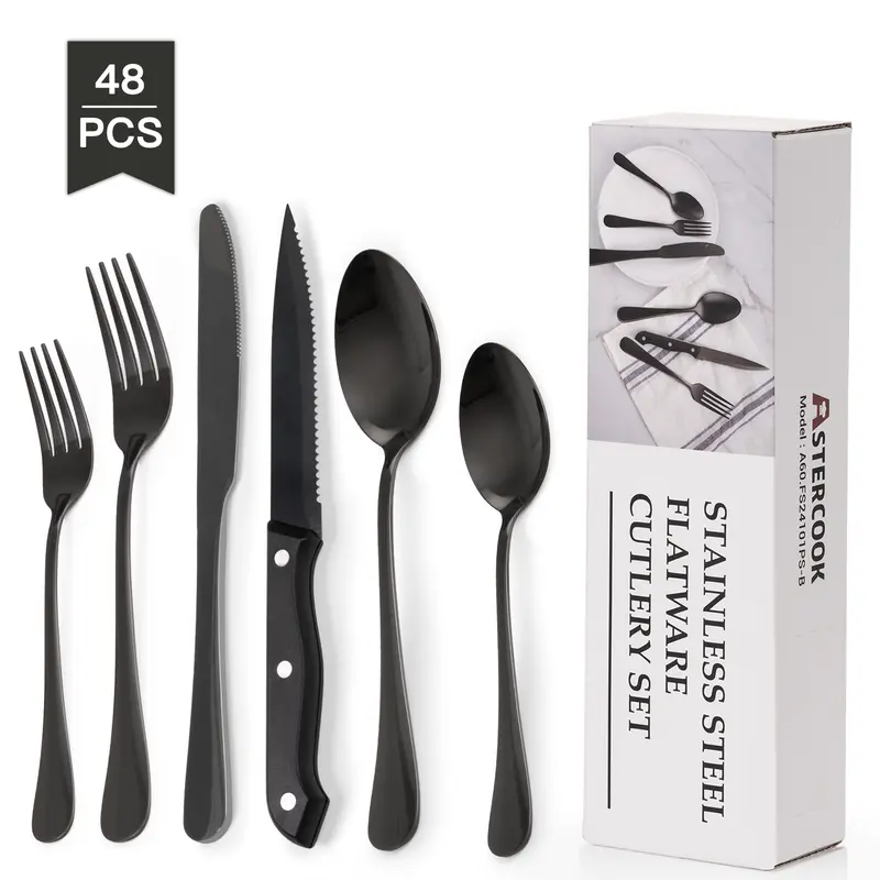 Astercook 24pcs/set Multi-Size Stainless Steel Cutlery Set with Steak Knives, Spoon-Fork-Knife Utensils, Dishwasher-Safe Dinnerware for Above 11 People, Everyday Kitchen Dishware for Modern Home & Restaurant Use