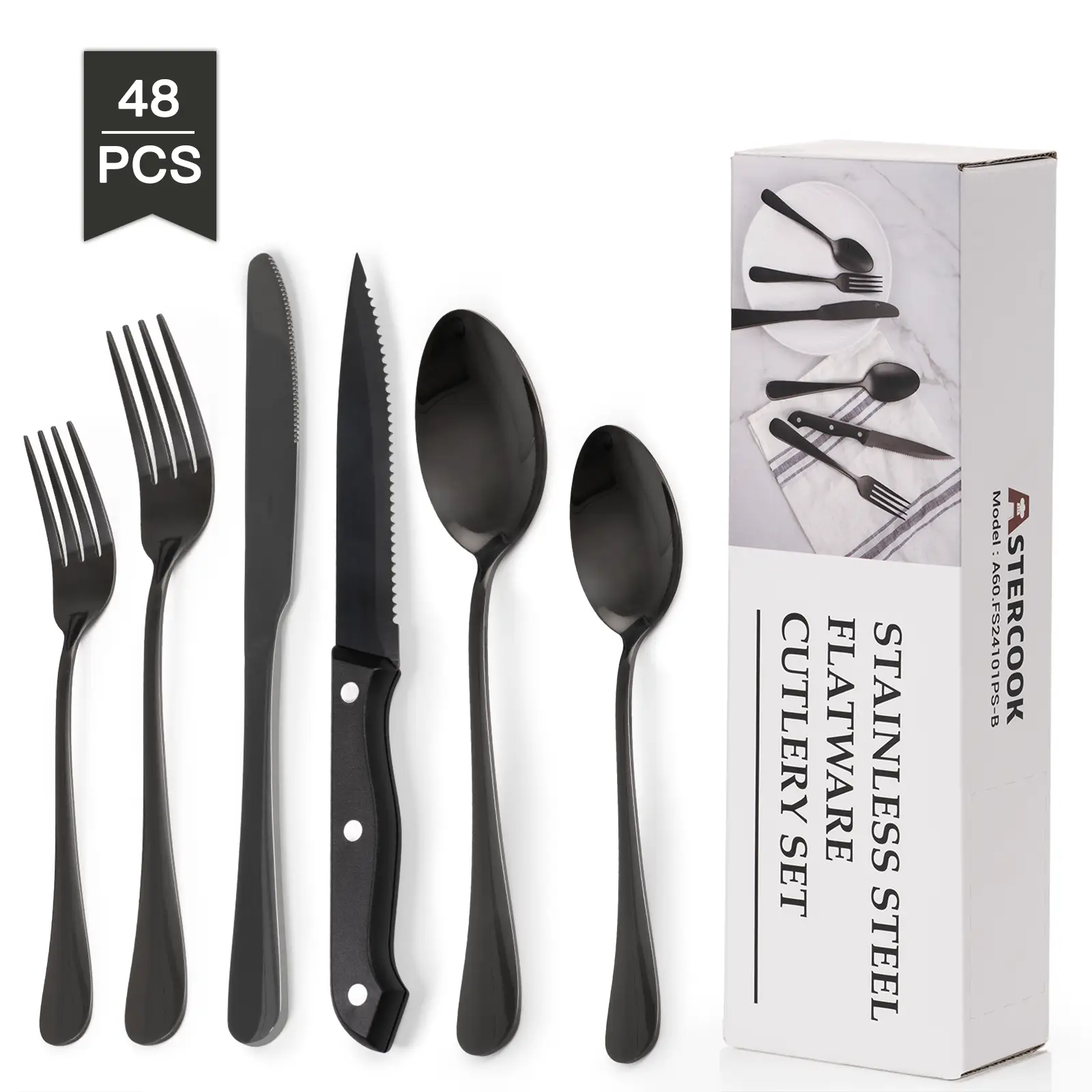 [Official]Astercook 24/48Pcs Stainless Steel Cutlery Set, utensil combines spoon fork and knife Set, Suitable For Home, Restaurant, Dishwasher Safe T