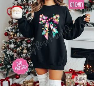 Christmas Lights Bow Sweatshirt, Trendy Women's Holiday Crewneck