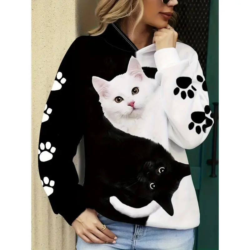 Casual Cozy Cat Print Polyester Blend Hoodie - Women's Long Sleeve Pullover with Kangaroo Pocket, Machine Washable Casual Cozy Cat Print Polyester Blend Hoodie - Women's Long Sleeve Pullover with Kangaroo Pocket, Machine Washable