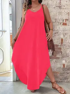 Women's Plus Size Cami Maxi Dress V-Neck Spaghetti Strap Asymmetrical Curved Hem Flowy Lightweight Slip Dresses Casual Wear Summer Vacation Bohemian Boho Beach Outfits Loose Fit Spring