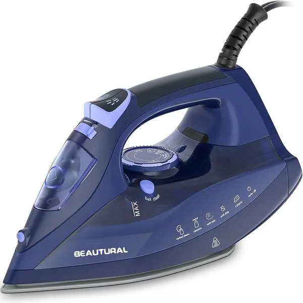 BEAUTURAL 1500W Ceramic-Coated Soleplate Steam Iron for Clothes, Burst of Steam, 3-Way Auto-Off, Anti-Drip, Anti-Calcium, Self-Cleaning, Easy Temperature Control, Ideal for Home Use