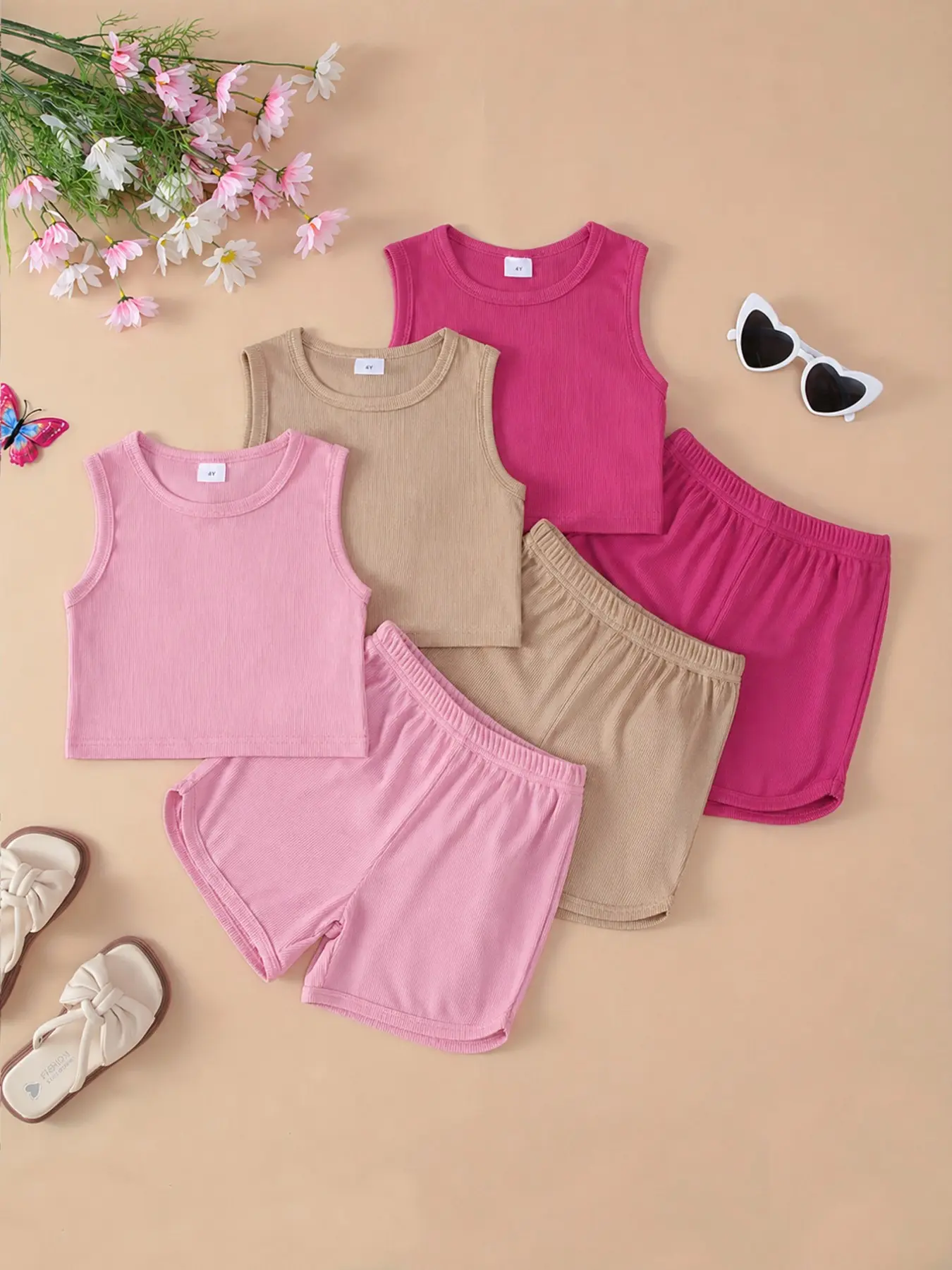 Girls' 6-Piece Solid Color Ribbed Knit Short Sleeve Shorts Set, Casual Set, Comfortable Summer, Summer Outfits Set, Perfect for Daily Wear, Casual Fashion Set, Casual Outfit Set
