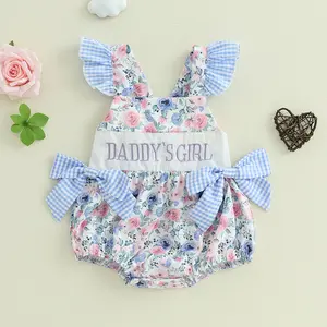 Baby Girls Romper, Fly Sleeve Flower Print Embroidery Letters Bow Infant Bodysuit Summer Clothes for Casual Daily outdoorfun