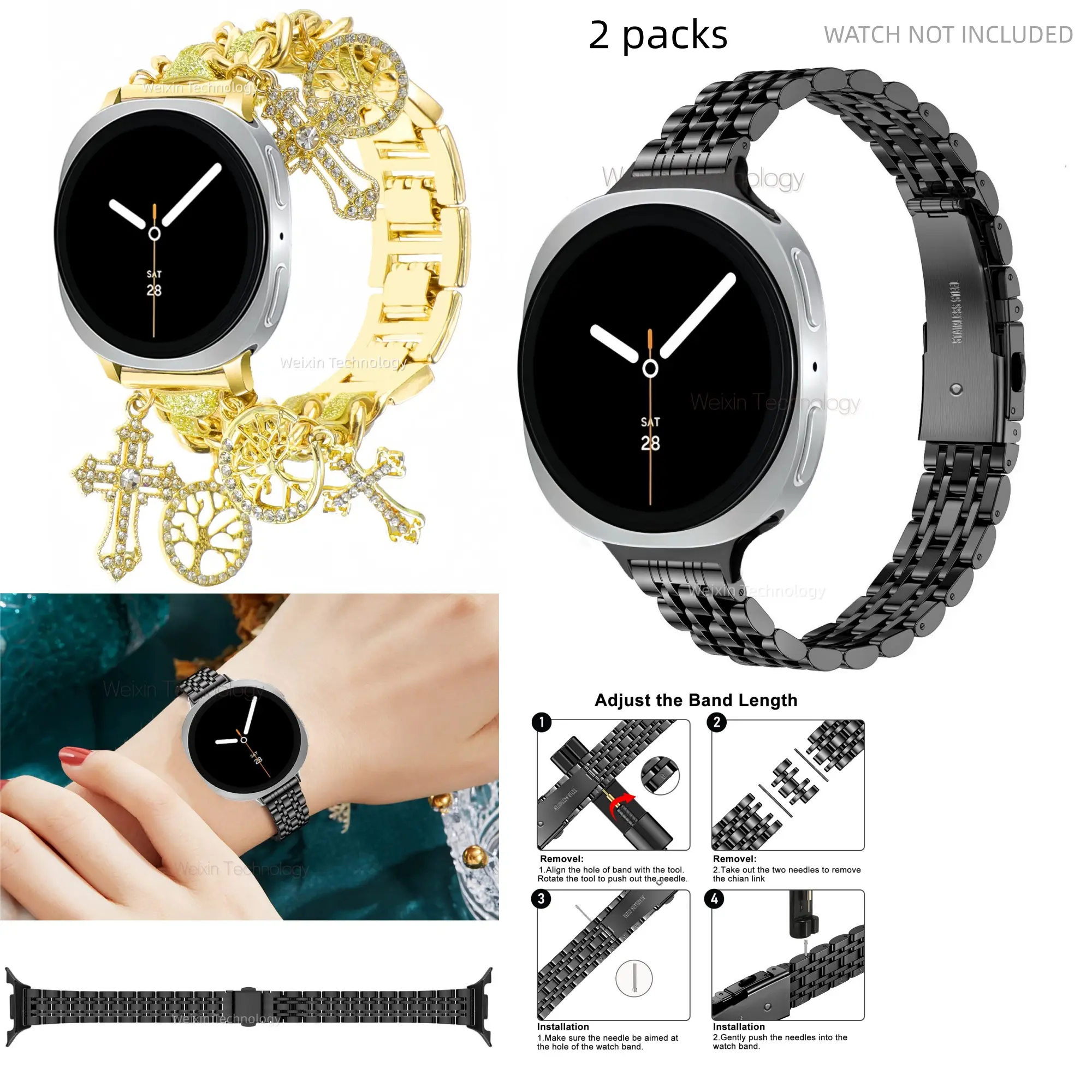 Thin strap suitable for Samsung Galaxy Watch 8 strap 40MM 44MM, Galaxy Watch 8 Classic 46MM strap, Metal Galaxy Watch 8 40MM strap Samsung Watch 8 44MM strap, and Cuban chain metal strap, heart-shaped pendant strap, Smart Watch Accessories, Watch straps