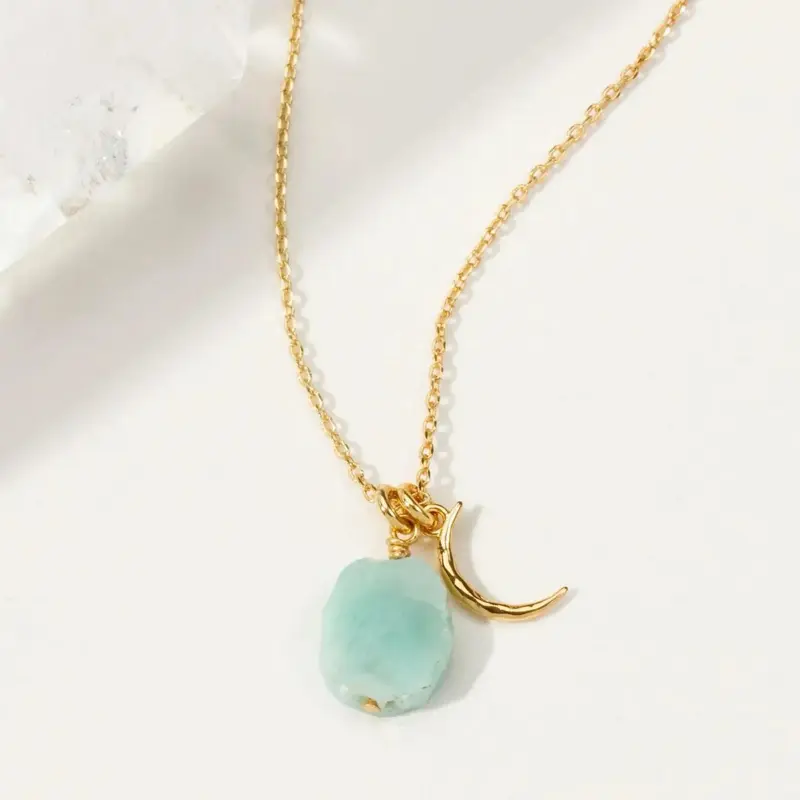 Larimar Crystal Necklace with Gold Chain, Elegant Design, Featuring Larimar Crystal and Gold Bead