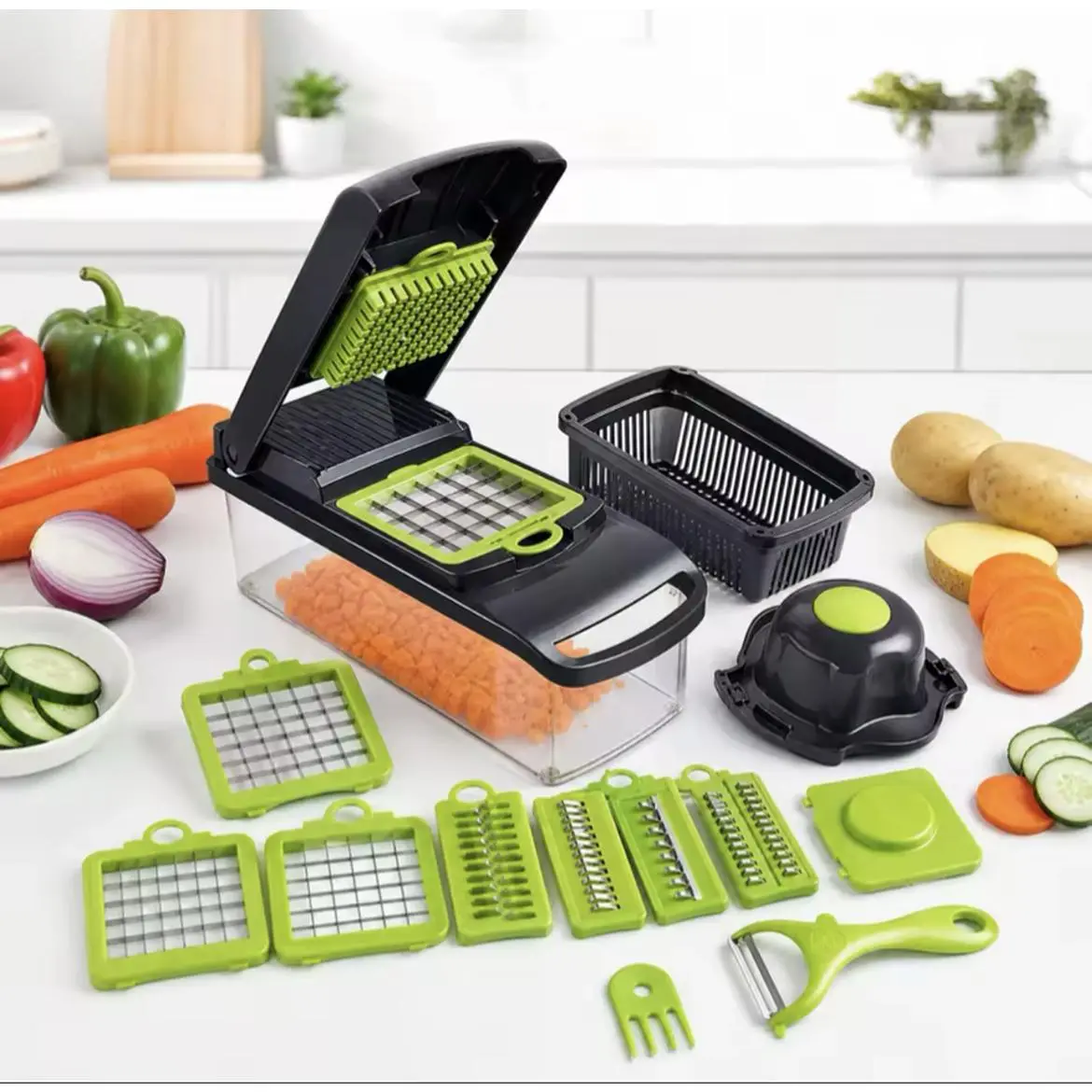 12-in-1 Multifunction Vegetable Chopper & Slicer with 12 Interchangeable Blades Sharp Stainless Steel Blades Built-in Food Container for Meal Prep