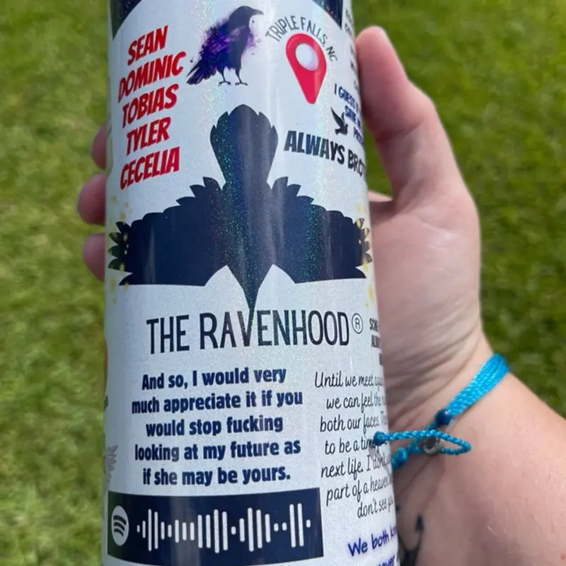 The Ravenhood 20oz Tumbler with Unique Design and Text Features - Sean Dominic Tobias Tyler Cecelia Edition