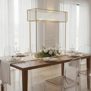 Crystal Pendant Flower Stand, Gold Metal Centerpiece Vase – 48" Tall Rectangular Display Rack