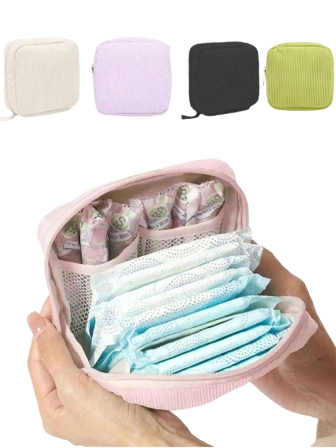 Minimalist Corduroy Multi-Functional Storage Bag, Sanitary Pad Organizer, Small Square Cosmetic Wash Bag, Travel Essential, Beach Summer Vacation Makeup Bag, Makeup Organizer Pouch, Cosmetics Organizer, travel cosmetic bags, Zip, Beauty Storage Pouch