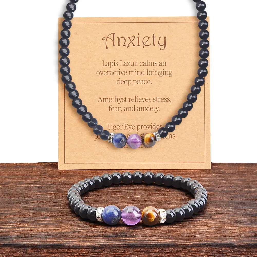 2PCS Anxiety Set, Natural Stone Amethyst Yellow Tiger Bracelet and Necklace Set, Feng Shui Calming Jewellery, Stress Relief Relaxation