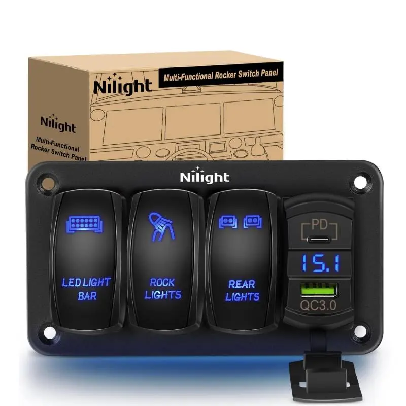 Nilight 3-Gang 5-Pin ON/OFF Rocker Switch Panel - Blue LED Lights, LED Display, PD Type-C & USB Dual Charging Port, 12v/24v Input Voltmeter for Car Lighting, Rear Lights