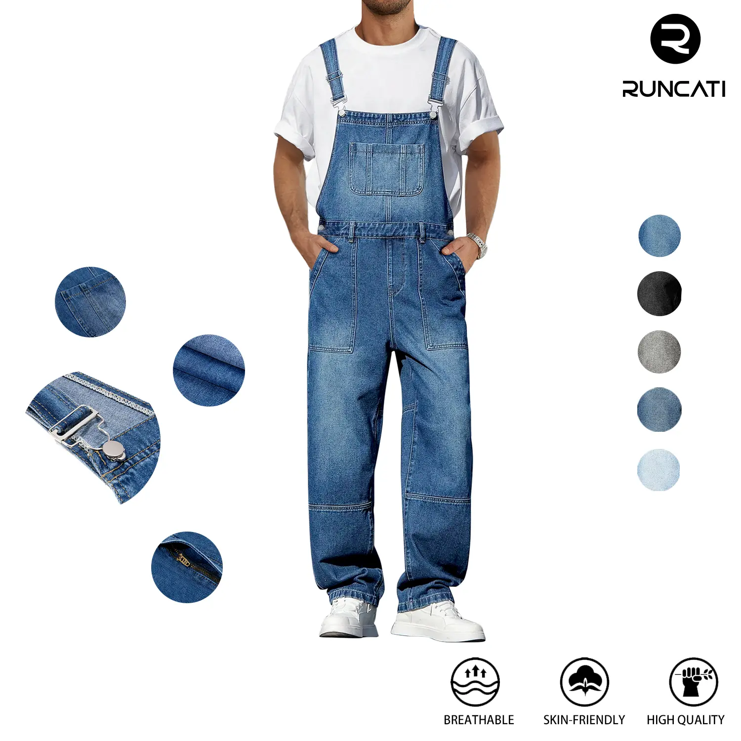 Runcati Men's Denim Bib Overall Jean Romper Casual Fashion Workwear Adjustable Strap Loose Fit Hip Hop Jumpsuit