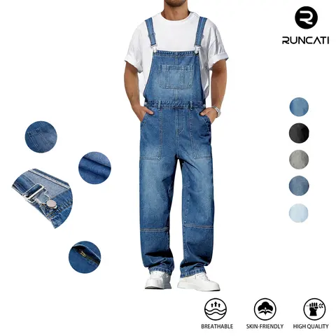 Runcati Men's Denim Bib Overall Jean Romper Casual Fashion Workwear Adjustable Strap Loose Fit Hip Hop Jumpsuit