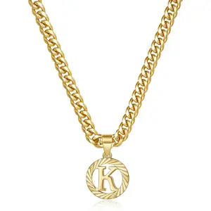 Gold Initial Necklace,14K Gold Plated Round Letter Pendant Hollow Capital Monogram 5mm Cuban Chain Necklace Alphabets from A-Z Dainty Jewelry for Women Men