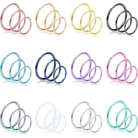 FLORIDECO Women's 36Pcs 20G Hypoallergenic Surgical Stainless Steel Hoop-Style Nose Piercing Accessory Set, 6mm-12mm (Incl. 8mm) Quick Insert-Remove Fashion Jewelry for Adults' Everyday Wear