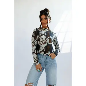Brown Cowhide Sheer Mock Neck Top