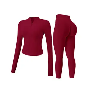 Women’s 2-piece seamless sexy workout set with a stand collar and zipper: windproof slim warm long-sleeve top + tight hip-lifting exercise pants; quick-dry yoga sports fitness wear for running.