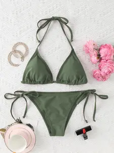 Two-Piece Set Women's Solid Bikini Set, Casual Swim Top & Swim Bottom, Ladies Swimsuit for Beach Holiday Vacation