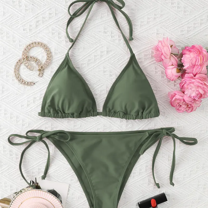 Two-Piece Set Women's Solid Bikini Set, Casual Swim Top & Swim Bottom, Ladies Swimsuit for Beach Holiday Vacation