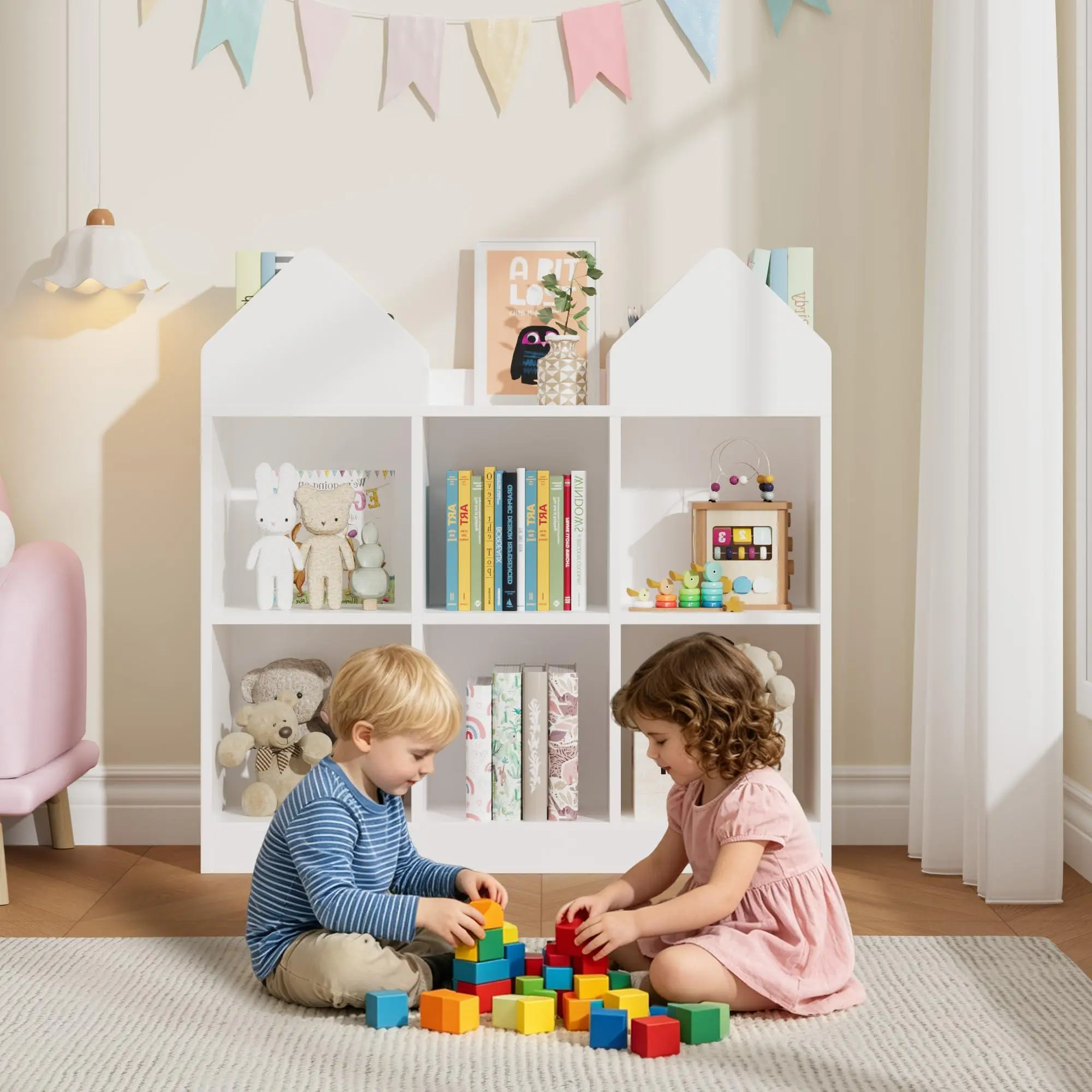 Kids Bookshelf with House Design, Double Roof Bookcase for Children, 3-Column 2-Tier Open Storage Shelf, Floor Standing Bookshelf for Bedroom Playroom Living Room, 35.4 Inch, White