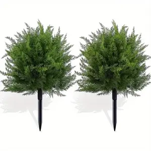 24-Inch Artificial Cedar Ball Tree with Stakes, UV-Resistant Fake Bushes, Indoor Outdoor Decor, Christmas Decoration, Garden Accent