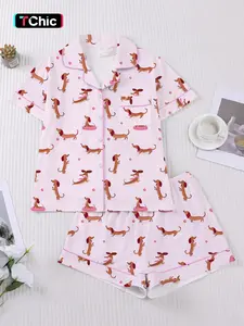 Women's Cartoon Pug Print Pajama Set, Short Sleeve Button Front Top and Elastic Shorts, Cute Fitted Sleepwear & Loungewear for All Seasons Pyjamas Pjs